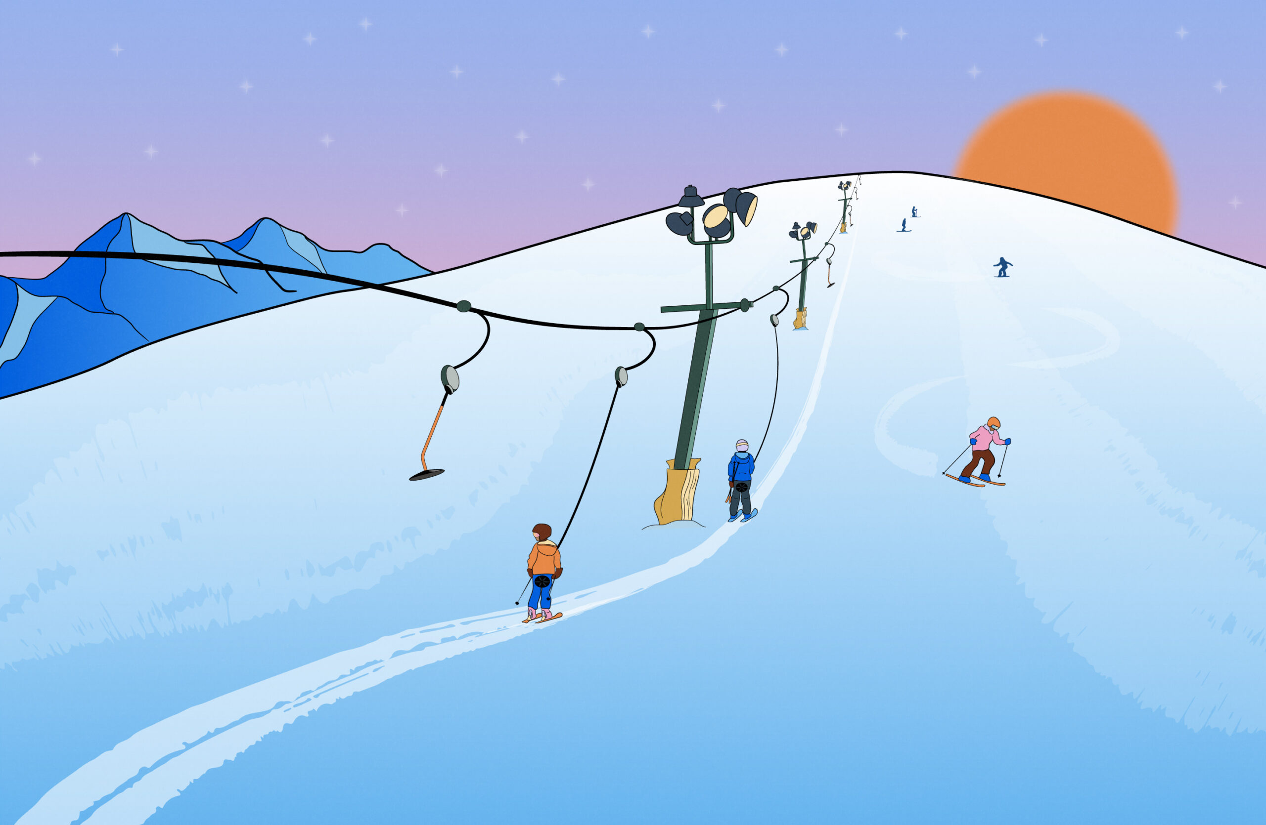 Illustrated winter mountain scene at sunset showing skiers on a groomed slope with a surface lift, snowmaking lights, distant blue mountains, and a large orange sun in a pastel sky.